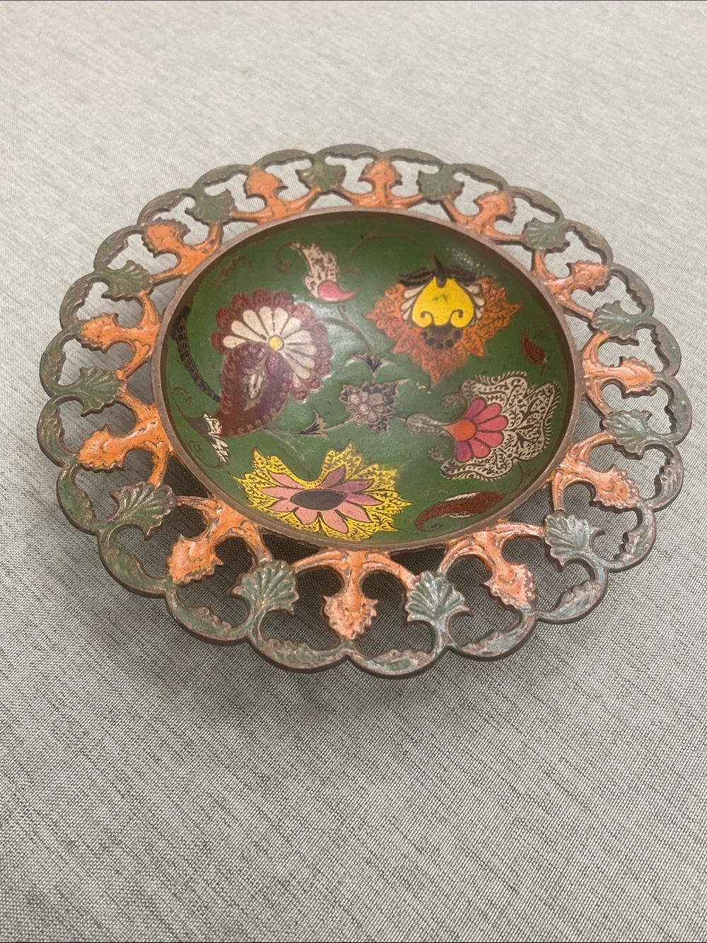 Vintage Indian Pierced Brass Floral Enamel Cloisonné Dish Plate